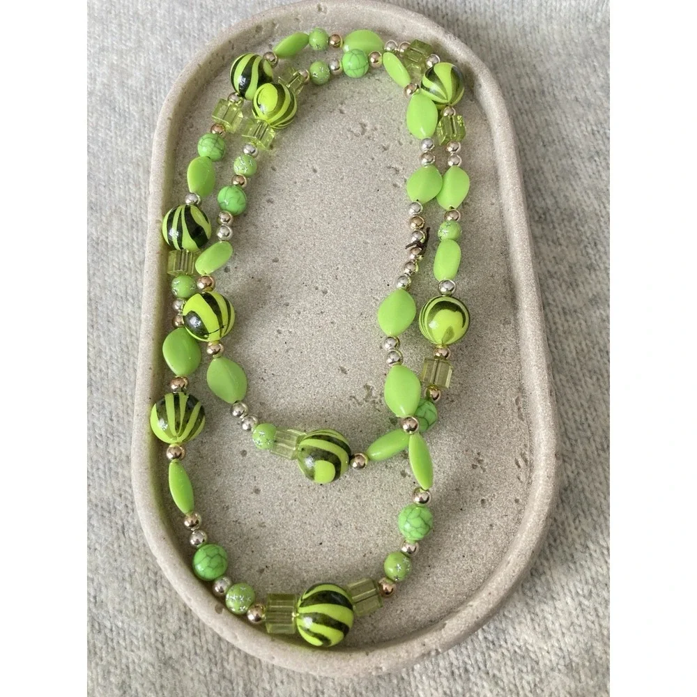 Lime Green Beaded Necklace Black Swirl Statement Bright & Bold Wrap Multi Strand